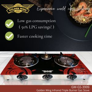 🅷🆆 Golden Wing World Standard Infrared LPG Triple Burner Tempered Glass Gas Stove GWGS-3999 WS-IGGS-D999 Save 50% LPG Cook Faster and Evenly