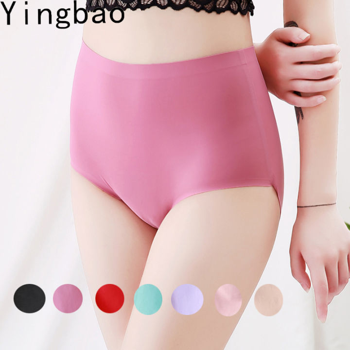 Yingbao L-4XL Panties for Women Ice Silk Seamless High Waisted Ladies Adult  High Waist Summer Underwear Plus Size 冰丝 High Quality Black Blue Red Pink  Plain Color