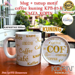 KOPIN Mug + tutup motif coffee full print warna / cangkir gelas kopi porselain KPB-03
