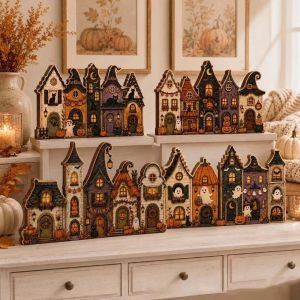VINEY Vintage Finish Wooden Haunted House Multi-layer Wooden Halloween Village Decor Spooky Town Figurine Flat Base Rustic Autumn Ornament Tiered Tray Display
