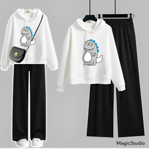 JOY Setelan Baju Wanita 1 Set Kulot Hoodie Motif Cute Dino