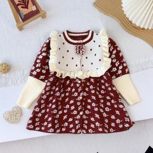 Bear Leader Fashion Girls Red New Year Flower Princess Dress Korean Version Fungus Edge Woolen Warm Christmas Kids Clothes