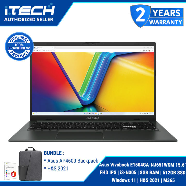 Asus Vivobook E1504GA-NJ651WSM FHD IPS i3-N305 8GB RAM 512GB  SSD Windows 11 H&S 2021 M365 Lazada PH