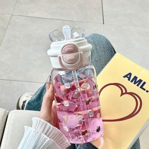 Straw Water Bottle Cartoon Cup Dual Drink Top Bottom Leakproof Reusable Summer Kids School