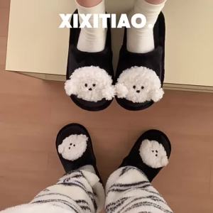 WY-XIXITIAO ลูกสุนัข Bichon น่ารักสองชั้นรองเท้าแตะผ้าฝ้ายในร่มฤดูใบไม้ร่วงฤดูหนาวสไตล์ใหม่สำหรับรองเท้าแตะขนปุยนักเรียนทุกเพศ