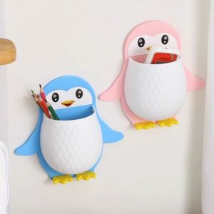 Cute Penguin Wall Organizer Creative Bathroom Plastic Razor Curling Rod Storage Rack Bathroom Toothbrush Storage Rack