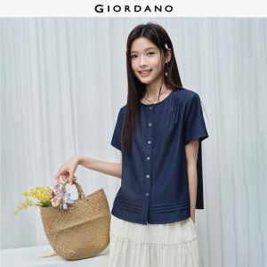 Giordano Women Gathered shoulder short sleeve denim blouse Free Shipping 18346317