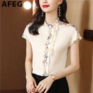 AFEG new Korean style fashion loose and versatile temperament silk chiffon print short-sleeved blouse for women