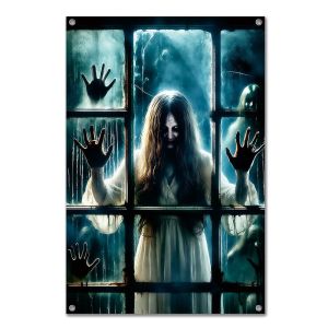 FLYING Hanging Design Halloween Curtain Multicolor Large Size Fake Window Banner Reusable Non-woven Fabric Halloween Party Backdrop Home Decoration
