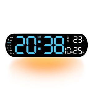 FOUNDTWO Đèn chiếu sáng xung quanh Đồng hồ treo tường kỹ thuật số LED Hiển thị nhiệt độ Hiển thị độ ẩm Đồng hồ hiển thị LED lớn Đa chức năng Chế độ bộ nhớ Đồng hồ treo tường Trang trí nhà cửa