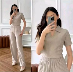 setelan Ribb Knit Hornets Oneset ribb Knit panst Celana panjang Set Crop polo top Wanita terbaru / setelan wanita jumbo / one set terbaru 2023 baju setelan rajut