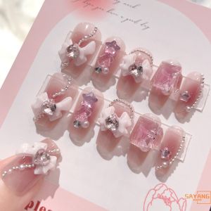 24pc Blush Pink Fake Nails 3D Bow Setting Fake Nails Heart Star Rhinestone Nail