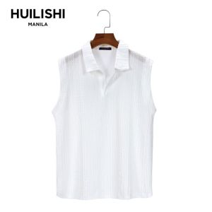 HUILISHI Summer resort style mens sleeveless hollow lapel plain polo/muscle polo