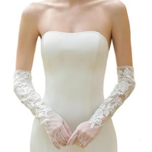 ถุงมือประดับลูกไม้แบบทางการสำหรับเจ้าสาวตาข่ายผ้าออกกำลังข้อศอกแบบหรูหราระบายอากาศได้ดี