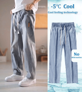 Mens American Style Casual Straight Leg Pants High Waisted Elastic Wide-Leg Loose Jeans Summer Ice Silk Thin Jeans Plus Size S-3XL