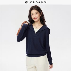 GIORDANO Women Sweaters Fake 2-Piece Sailor Collar Sweaters Inner Crewneck Half Zip Gentle Fashion Casual Sweaters 13355782