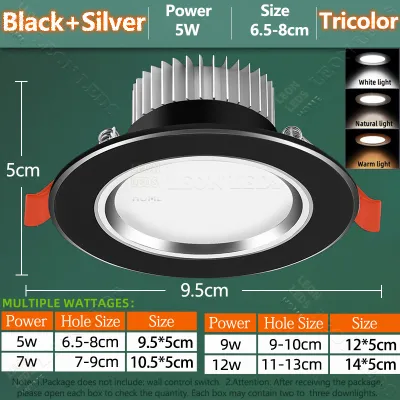 LED Downlight Tricolor 5W/7W/9W/12W High Quality Aluminum Recessed Pin Light Energy Saving 80% Panel Light Ceiling Lamp