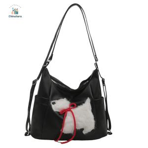 PU Leather Plush Puppy Shoulder Bag Large Capacity Soft Puppy Crossbody Bag Multi-Pockets Casual Tote Bag Commute Backpack