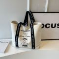 Gentlewoman Cute Cartoon Bear Print Canvas Bag Versatile Contrast Color Shoulder Tote Bag with Zipper. 