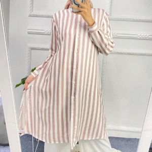 Tunik Kemeja Wanita Lengan Panjang Setripe Salur Putih Bahan Rayon Adem Garis Garis