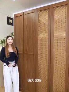 Wardrobe Cabinet Rattan Woven Solid Wood Bedroom Wardrobe Sliding Door Walnut Color