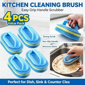 4Pcs Brush with Handle Bathroom Tile Kitchen Brush Wash Pot CleaningSponge Cleaning Bathroom Bathtub