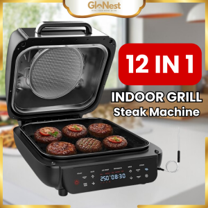 12-in-1 Electric Air Grill Steak Machine Air Fryer Indoor Grill with Bake Roast Broil Steam Dehydrate 1800W Power Grill with Smart Thermometer