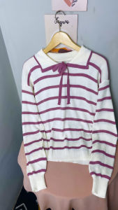 Atasan Rajut Polo Wanita Motif Garis Polos Bahan Acrylic Warna Ivory/Purple
