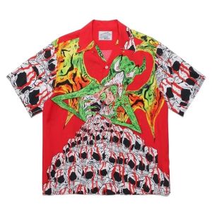 Classics Summer Single Breasted WACKO MARIA Red Green Wolf Head Printed High Quality Hawaiian Short Sleeve Men Women Shirt