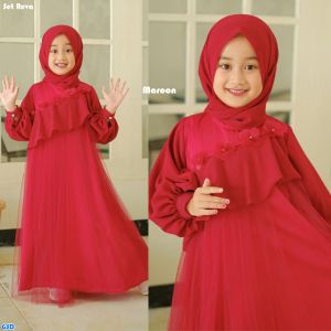 Jfrendfashion-Set Hijab Pashmina dan Gamis brukat anak terbaru 2023 / Baju Muslim anak cewek / maxi anak muslimah / Baju muslim Reva kids
