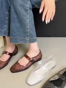 [Free Shipping] Hollow-Out Single Shoes Summer New Style Breathable And Versatile Mary Jane Sandals 2026 Mesh Design Flat Sole Woven Shallow-Toe Sandals Exquisite Footwear