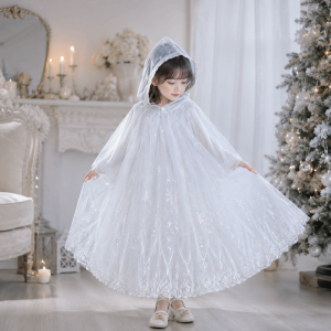NHIH Sequined Snow Princess Cape Mesh Shiny Shawl Girls Hooded Cloak Halloween Sweet Children Cloak Halloween Party