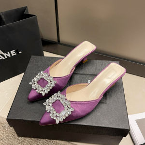 Plus Size Womens Shoes Stiletto Heels Slip-on French Semi-slippers Womens Internet Celebrity Rhinestones Popular Lazy Mules