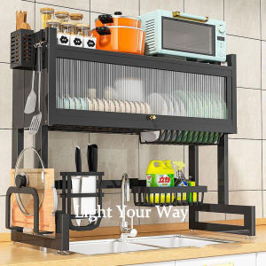YHLAMP Metal Dish Cabinet Rack Dustproof Sink Rack With Cabinet Door Multi-functional Plate Storage Kitchen Organizer