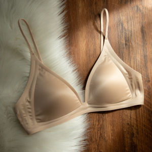 MUSHIQI丨เสื้อชั้นในผ้าซาตินนมคอวีลึกสไตล์ฝรั่งเศสพร้อมสายบางสำหรับ Comfort