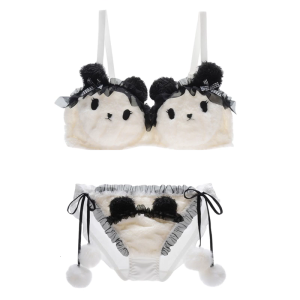 Womens Cute Anime Maid Bear Plush Bra and Panty Set Underwired Furry Ruffle Mesh Trim Underwear for Cosplay or Everyday