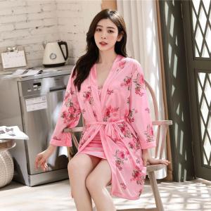 M & 4XL 4PCS SET Robe Kimono Flora/Leopard Satin Ice Nightdress Lingerie Pyjamas Baju Tidur Wanita 4pcs 1set DR01 DR02