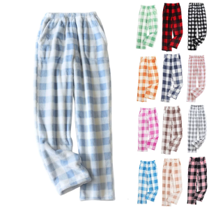 Flannel phụ nữ vải nhung mềm mại kẻ sọc dễ thương quần ngủ thoải mái bình thường ỐNg RộNg Áo Ngủ Có Túi