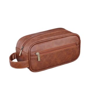 JON09 Handheld Men Leather Wash Bag Zipper Multi Pocket Cosmetic Storage Bag Vintage Large Capacity Makeup Pouch Male