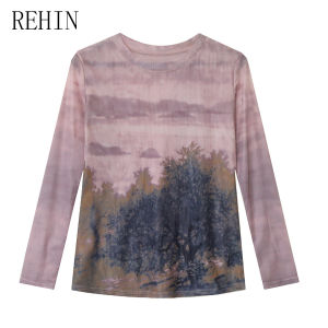 REHIN Round Collar  Long-Sleeve Mesh Unique Printed T-Shirt - Elegant & Comfortable Fall/Winter Womens Top