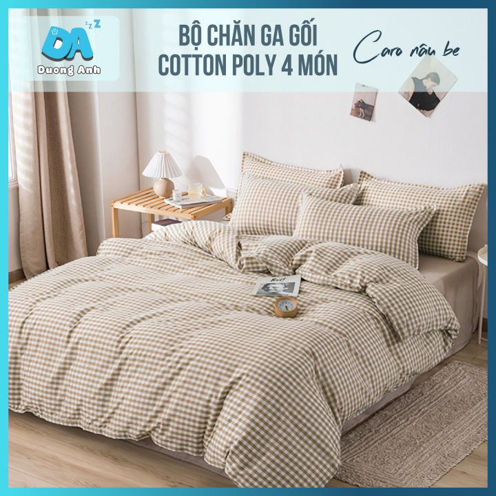 Bộ chăn ga gối nệm cotton poly - Mẫu caro nâu be, ga nệm trải giường ...