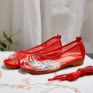 [Free Shipping] Mesh Shoes Ancient-Style Embroidered Shoes Mesh Single Shoes Round-Toe Hollowed-Out Flat Embroidered Shoes Sandals