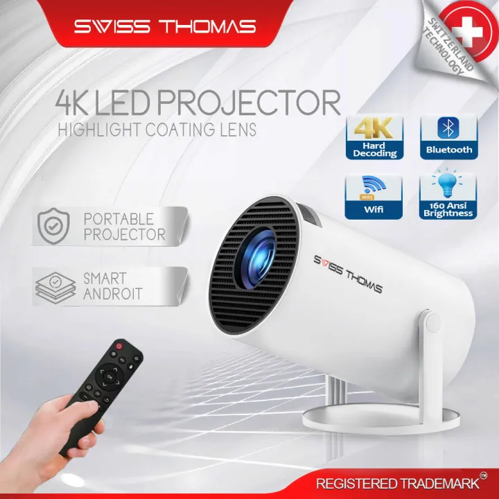 Swiss Thomas Android 11.0 Portable Mini Projector 2.4G/5G Wifi 6 BT4.1 4K Smart LED Projector 160 Ansi With Bluetooth