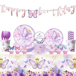 ข้ามพรมแดนขายร้อนสีม่วงผีเสื้อธีมสาวงานเลี้ยงวันเกิดทิ้งแผ่นกระดาษถ้วยกระดาษผ้าขนหนูพรรคซัพพลาย