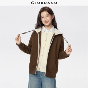 GIORDANO Women Hoodies Fleece Lined Contrast Zip Through Hoodies Kanga Pockets Fashionable Casual Loose Warm Jackets 05375868