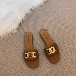 [Free Shipping] New Summer Style Casual Flat Sandals For Women Fashionable Metal-Decorated Slip-On Sandals Versatile Open-Toe Fish Mouth Sandals