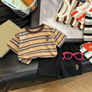 AILEBE Kids Sets Terno For Boys Girls Summer Striped Short Sleeve T-Shirt And Shorts Casual Letter Print Sporty Look Elastic Waistband Easy On Off High Quality Fabric Black Red Green Blue Stripes