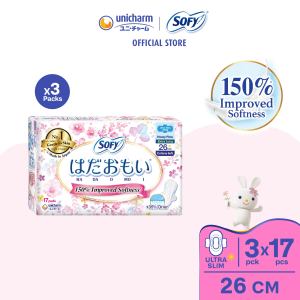 SOFY Hadaomoi Day Ultra Slim Wing Sanitary Pad 26cm 17pcs x 3 Packs