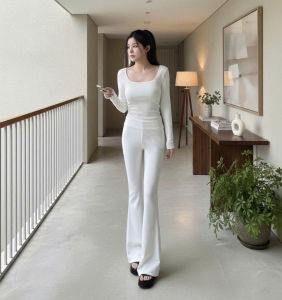 Set áo cổ vuông tay dài kèm quần dài ống loe KVYBODY S38 chất thun borip lụa dày mịn co giãn