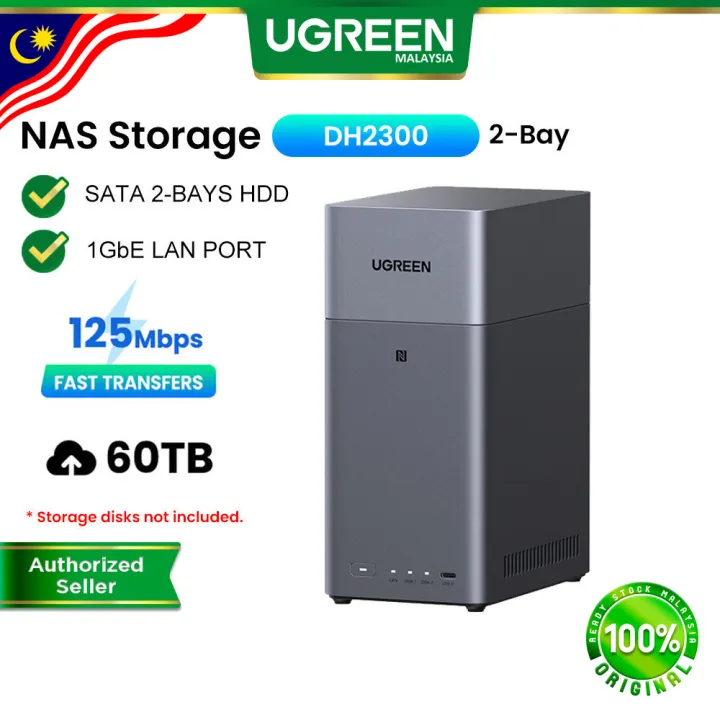 UGREEN NASync DH2300 60TB NAS Cloud Data File Storage Backup Diskless SATA 2-Bay Hard Drive HDD 1GbE LAN 4GB RAM 8-Core CPU 4K HDMI Video Streaming NFC One-Tap